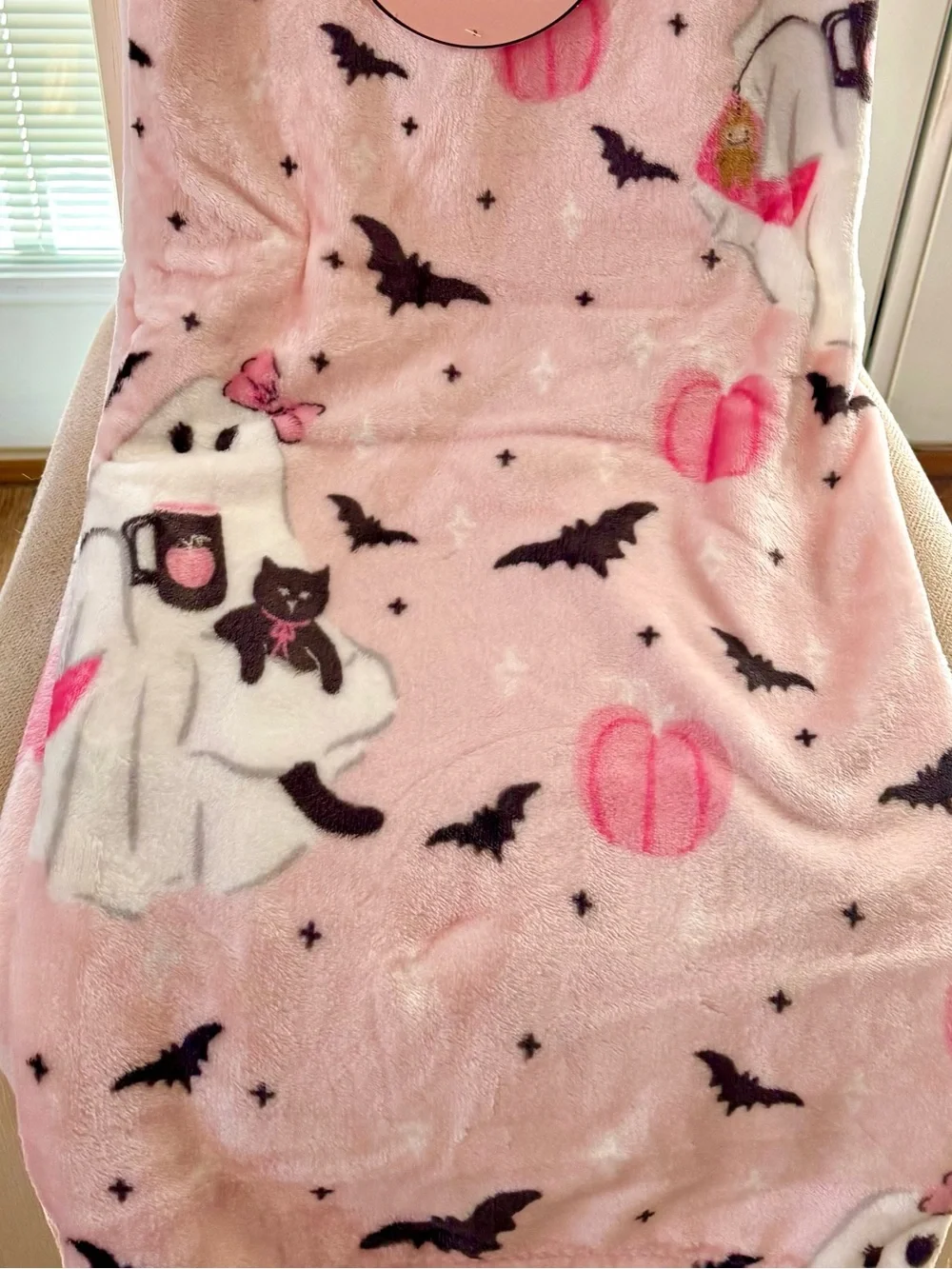 Pink Halloween Ghost Bats Pumpkins Black Kitty Cat Throw Blanket 50” x 70”